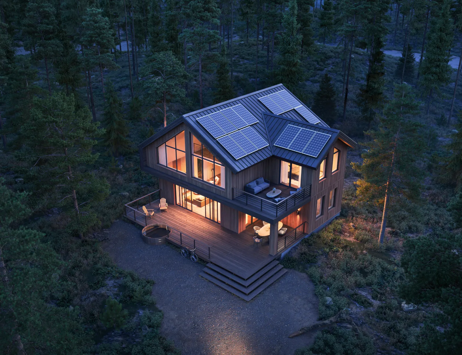 Modernes Wohnhaus mit Photovoltaikanlage in bewaldeter Umgebung